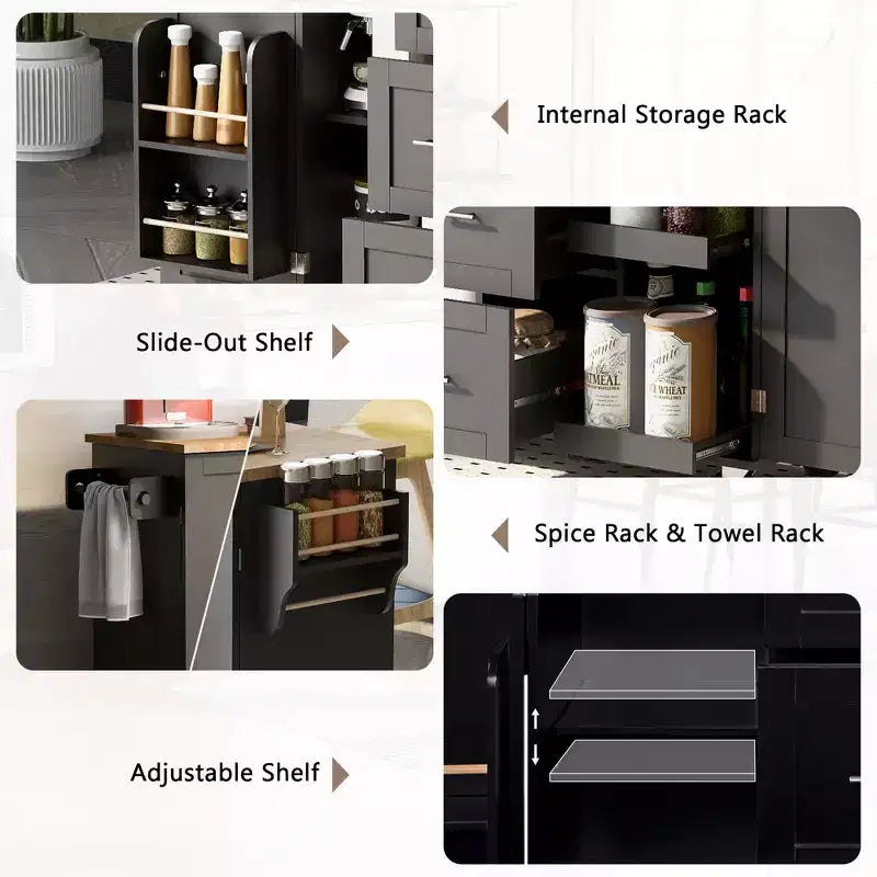 Whisen Modern Kitchen Island on Wheels with Spice Rack,Tower Rack,Drawers and Shelf