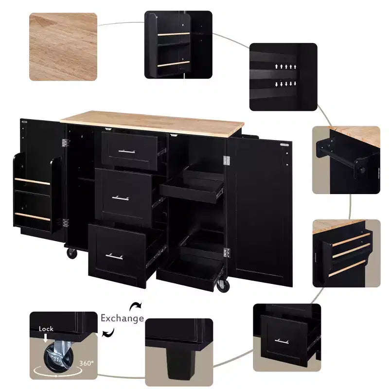 Whisen Modern Kitchen Island on Wheels with Spice Rack,Tower Rack,Drawers and Shelf