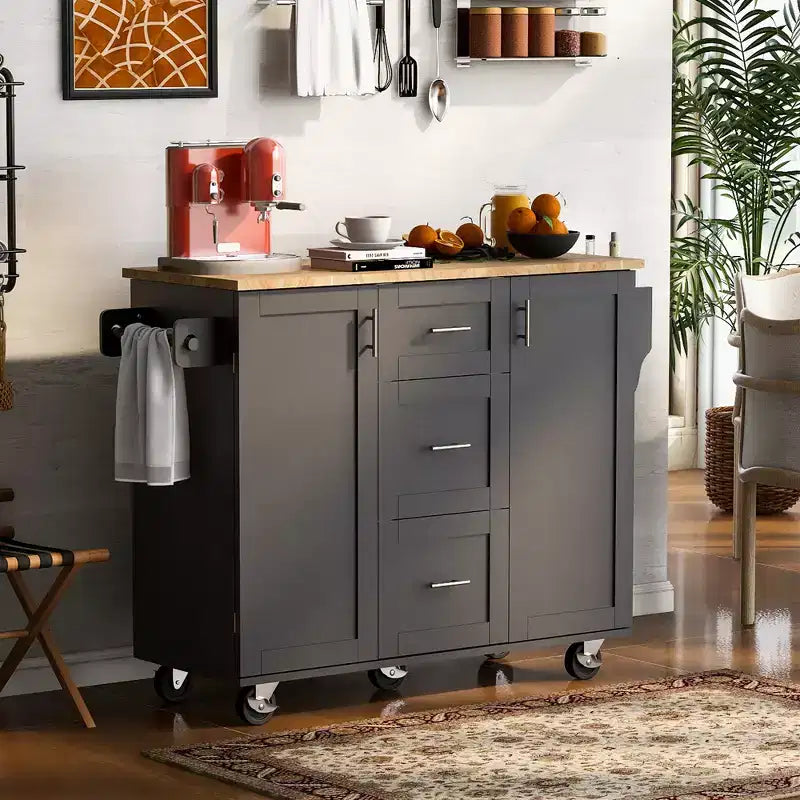 Whisen Modern Kitchen Island on Wheels with Spice Rack,Tower Rack,Drawers and Shelf