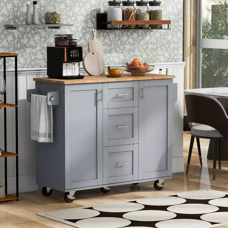 Whisen Modern Kitchen Island on Wheels with Spice Rack,Tower Rack,Drawers and Shelf