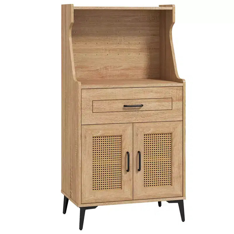 Costway 45.5 Kitchen Pantry Cabinet Rattan Buffet Sideboard with Hutch DIY Pegboard Adjustable Shelves Metal Legs