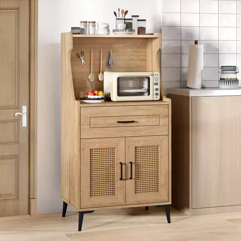 Costway 45.5 Kitchen Pantry Cabinet Rattan Buffet Sideboard with Hutch DIY Pegboard Adjustable Shelves Metal Legs