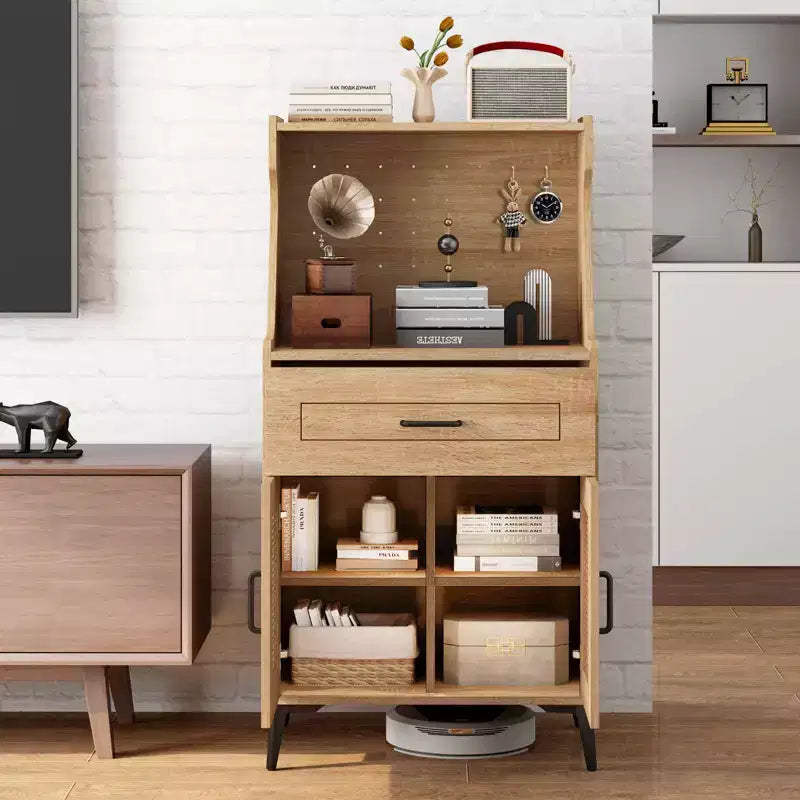 Costway 45.5 Kitchen Pantry Cabinet Rattan Buffet Sideboard with Hutch DIY Pegboard Adjustable Shelves Metal Legs