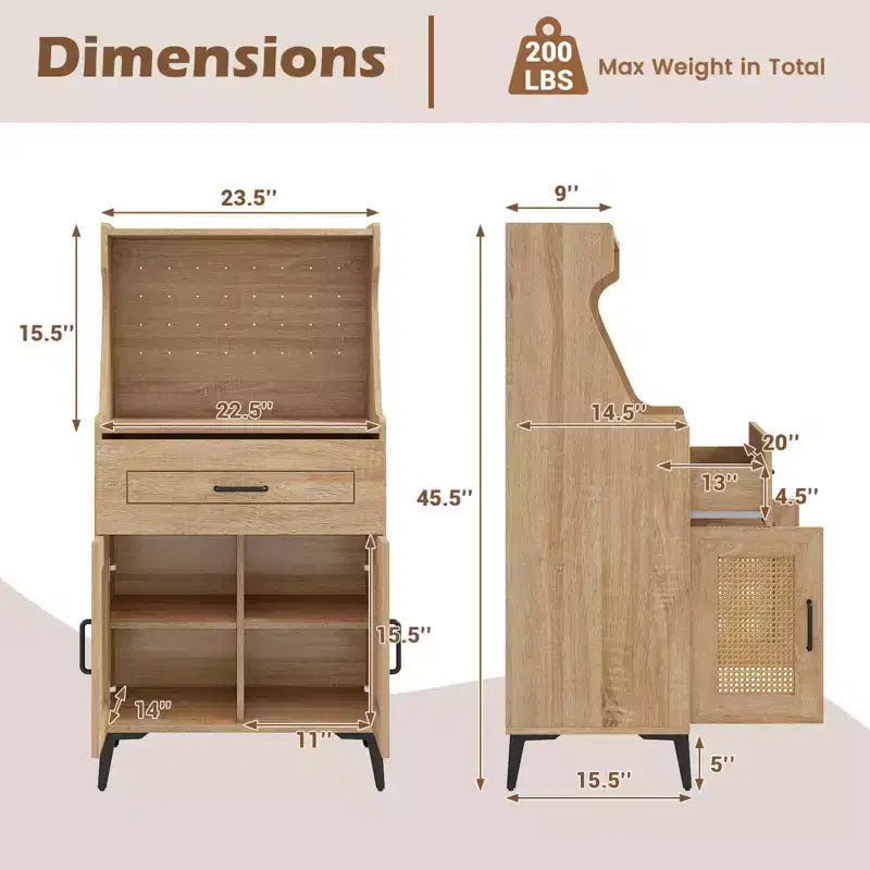 Costway 45.5 Kitchen Pantry Cabinet Rattan Buffet Sideboard with Hutch DIY Pegboard Adjustable Shelves Metal Legs
