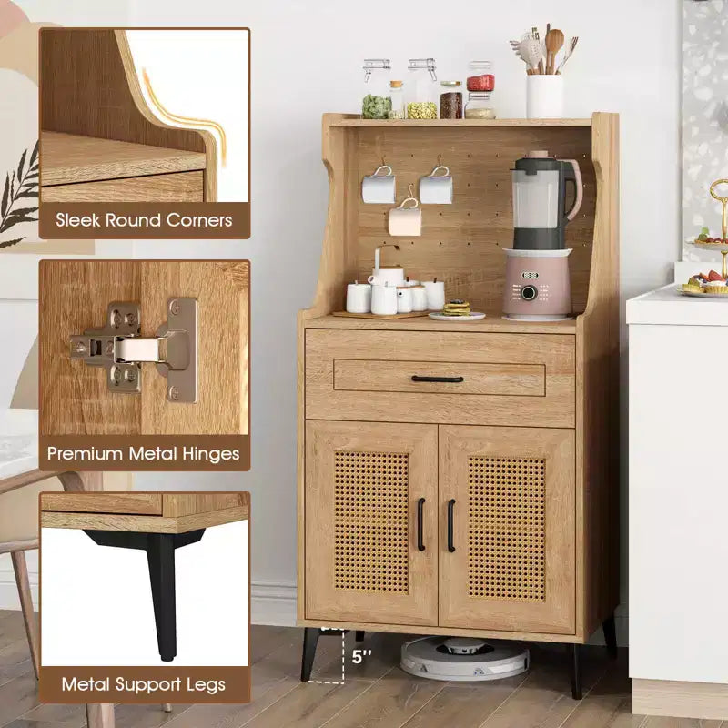 Costway 45.5 Kitchen Pantry Cabinet Rattan Buffet Sideboard with Hutch DIY Pegboard Adjustable Shelves Metal Legs